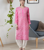Women'S Hand Embroidered Pink Georgette Lucknow Chikankari Women Kurta