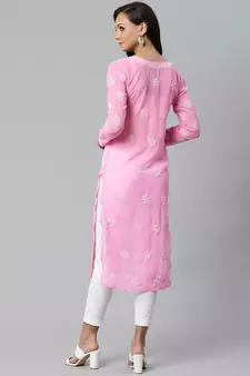 Women'S Hand Embroidered Pink Georgette Lucknow Chikankari Women Kurta