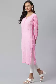 Women'S Hand Embroidered Pink Georgette Lucknow Chikankari Women Kurta
