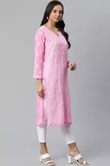 Women'S Hand Embroidered Pink Georgette Lucknow Chikankari Women Kurta