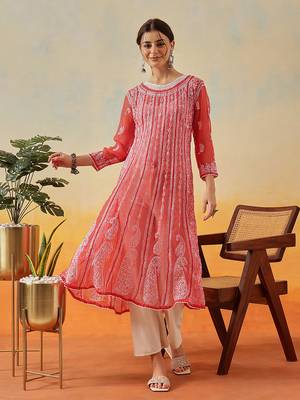 Women'S Hand Embroidered Brick Red Georgette Lucknow Chikankari Anarkali Kurta 1