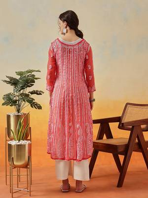 Women'S Hand Embroidered Brick Red Georgette Lucknow Chikankari Anarkali Kurta 2