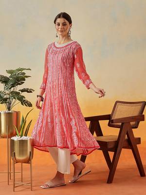 Women'S Hand Embroidered Brick Red Georgette Lucknow Chikankari Anarkali Kurta 3