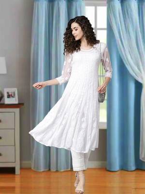 Women'S Hand Embroidered White Georgette Lucknow Chikankari Anarkali Kurti 1