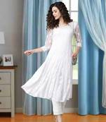 Women'S Hand Embroidered White Georgette Lucknow Chikankari Anarkali Kurti