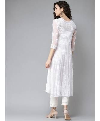 Women'S Hand Embroidered White Georgette Lucknow Chikankari Anarkali Kurti 2