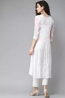 Women'S Hand Embroidered White Georgette Lucknow Chikankari Anarkali Kurti