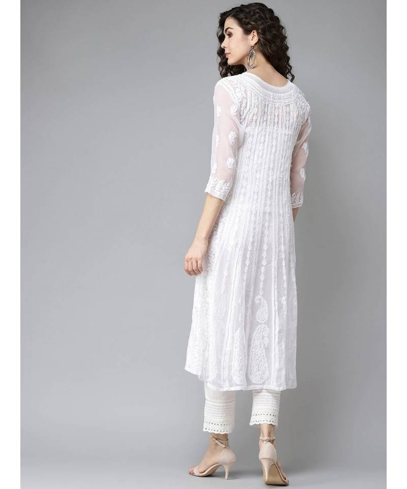 Women'S Hand Embroidered White Georgette Lucknow Chikankari Anarkali Kurti