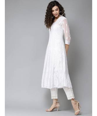 Women'S Hand Embroidered White Georgette Lucknow Chikankari Anarkali Kurti 3