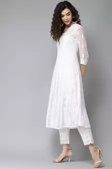 Women'S Hand Embroidered White Georgette Lucknow Chikankari Anarkali Kurti