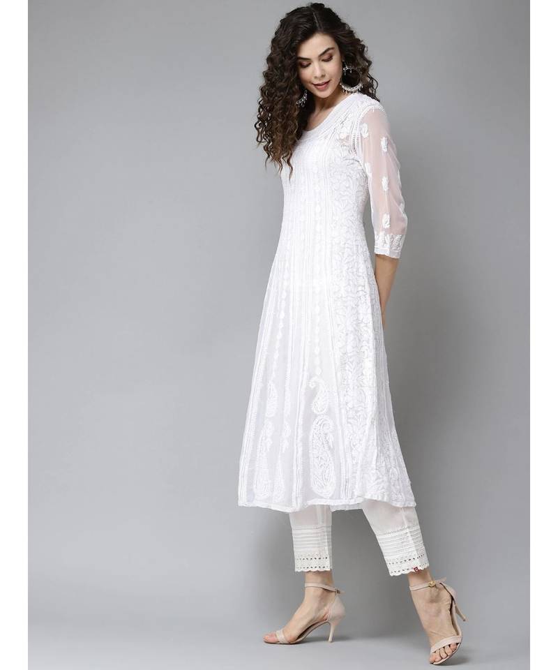 Women'S Hand Embroidered White Georgette Lucknow Chikankari Anarkali Kurti