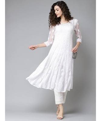 Women'S Hand Embroidered White Georgette Lucknow Chikankari Anarkali Kurti 4