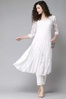 Women'S Hand Embroidered White Georgette Lucknow Chikankari Anarkali Kurti