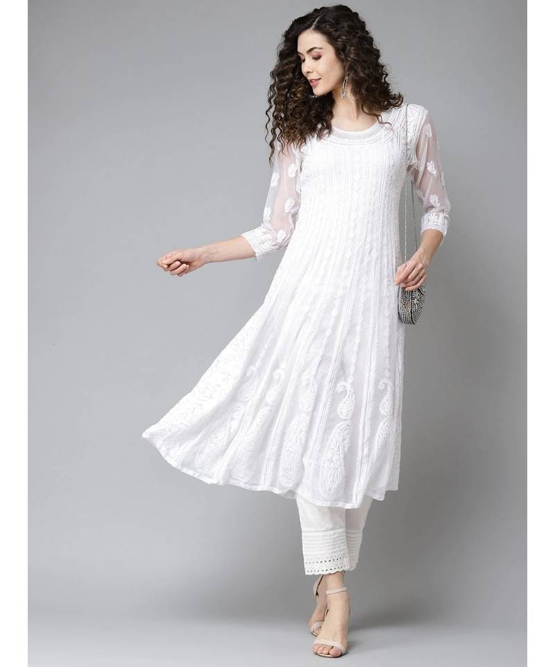 Women'S Hand Embroidered White Georgette Lucknow Chikankari Anarkali Kurti
