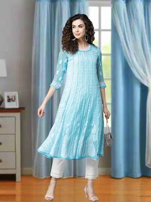 Women'S Hand Embroidered Blue Georgette Lucknow Chikankari Anarkali Kurta 1