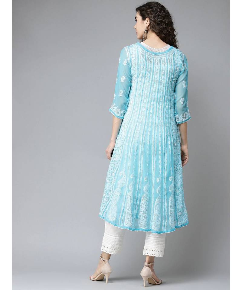 Women'S Hand Embroidered Blue Georgette Lucknow Chikankari Anarkali Kurta