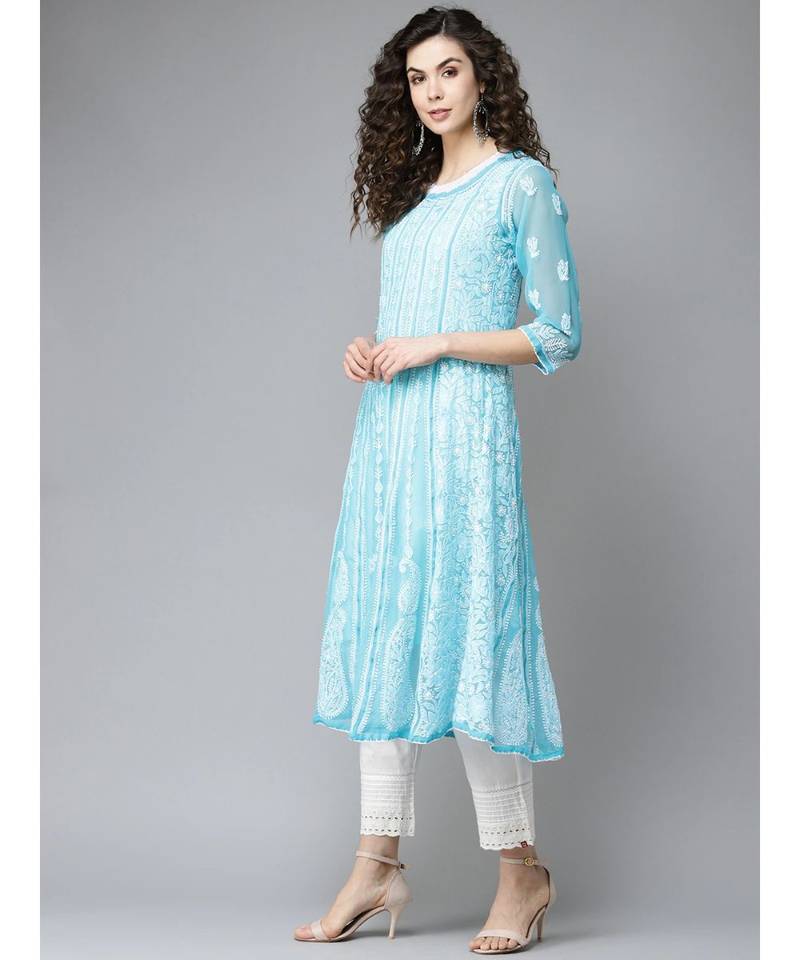 Women'S Hand Embroidered Blue Georgette Lucknow Chikankari Anarkali Kurta