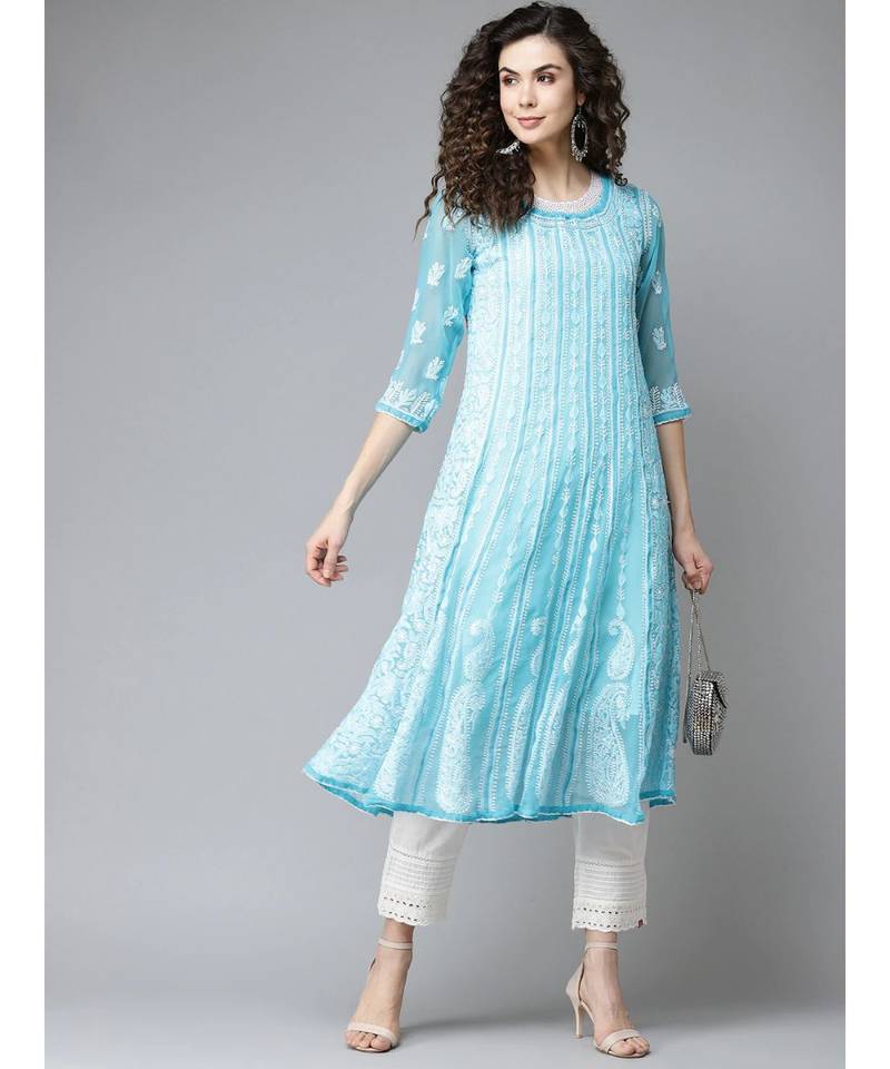 Women'S Hand Embroidered Blue Georgette Lucknow Chikankari Anarkali Kurta