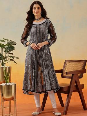 Women'S Hand Embroidered Black Georgette Lucknow Chikankari Anarkali Kurta 1