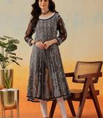 Women'S Hand Embroidered Black Georgette Lucknow Chikankari Anarkali Kurta