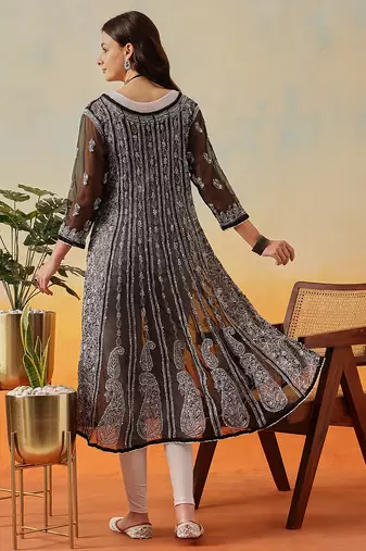 Women'S Hand Embroidered Black Georgette Lucknow Chikankari Anarkali Kurta