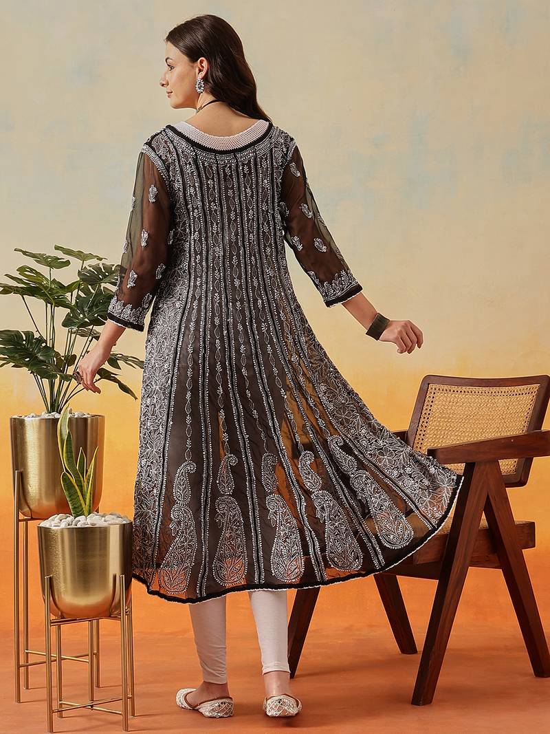 Women'S Hand Embroidered Black Georgette Lucknow Chikankari Anarkali Kurta