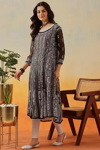 Women'S Hand Embroidered Black Georgette Lucknow Chikankari Anarkali Kurta