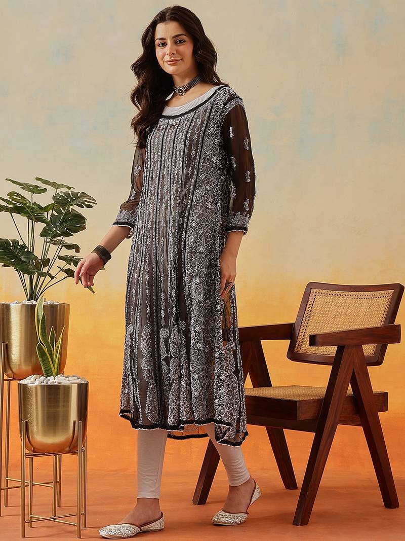 Women'S Hand Embroidered Black Georgette Lucknow Chikankari Anarkali Kurta