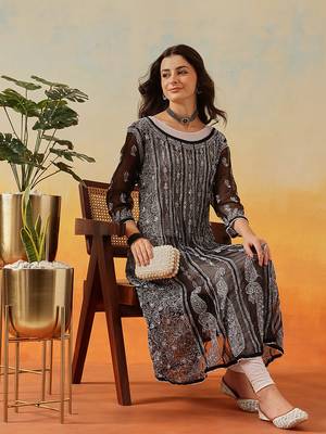 Women'S Hand Embroidered Black Georgette Lucknow Chikankari Anarkali Kurta 4