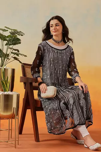 Women'S Hand Embroidered Black Georgette Lucknow Chikankari Anarkali Kurta