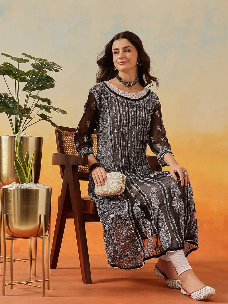 Women'S Hand Embroidered Black Georgette Lucknow Chikankari Anarkali Kurta