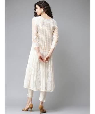 Women'S Hand Embroidered Fawn Georgette Lucknow Chikankari Anarkali Kurta 2
