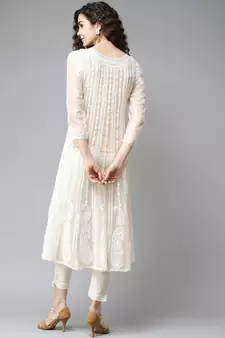 Women'S Hand Embroidered Fawn Georgette Lucknow Chikankari Anarkali Kurta