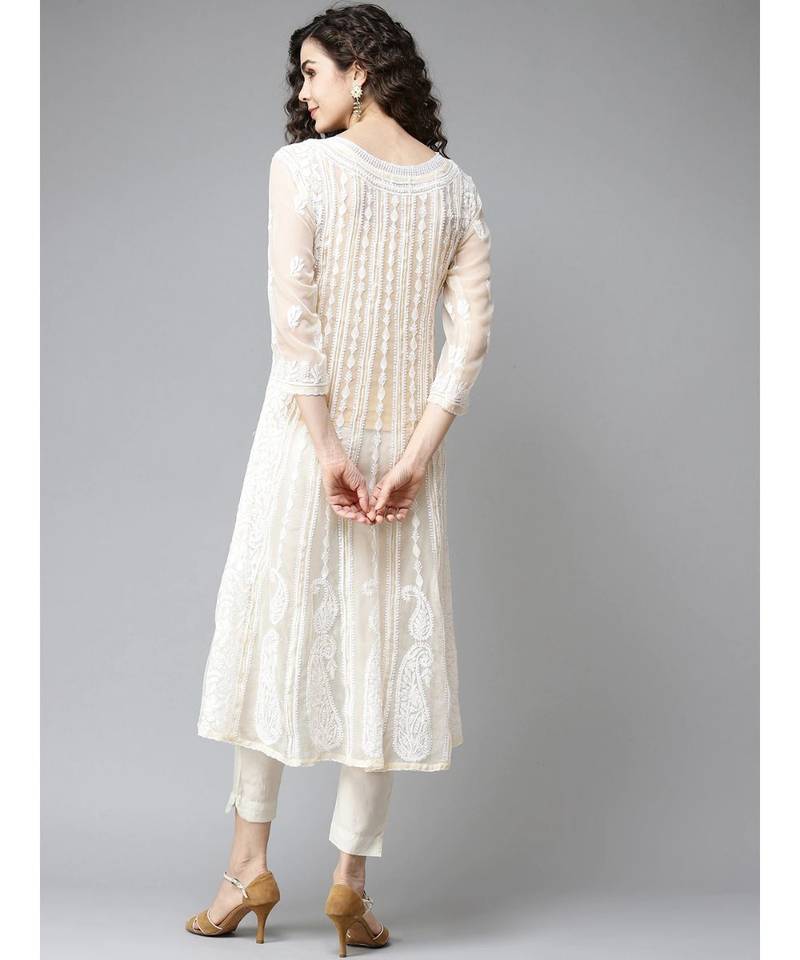 Women'S Hand Embroidered Fawn Georgette Lucknow Chikankari Anarkali Kurta