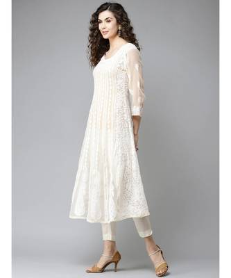 Women'S Hand Embroidered Fawn Georgette Lucknow Chikankari Anarkali Kurta 3