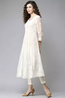 Women'S Hand Embroidered Fawn Georgette Lucknow Chikankari Anarkali Kurta