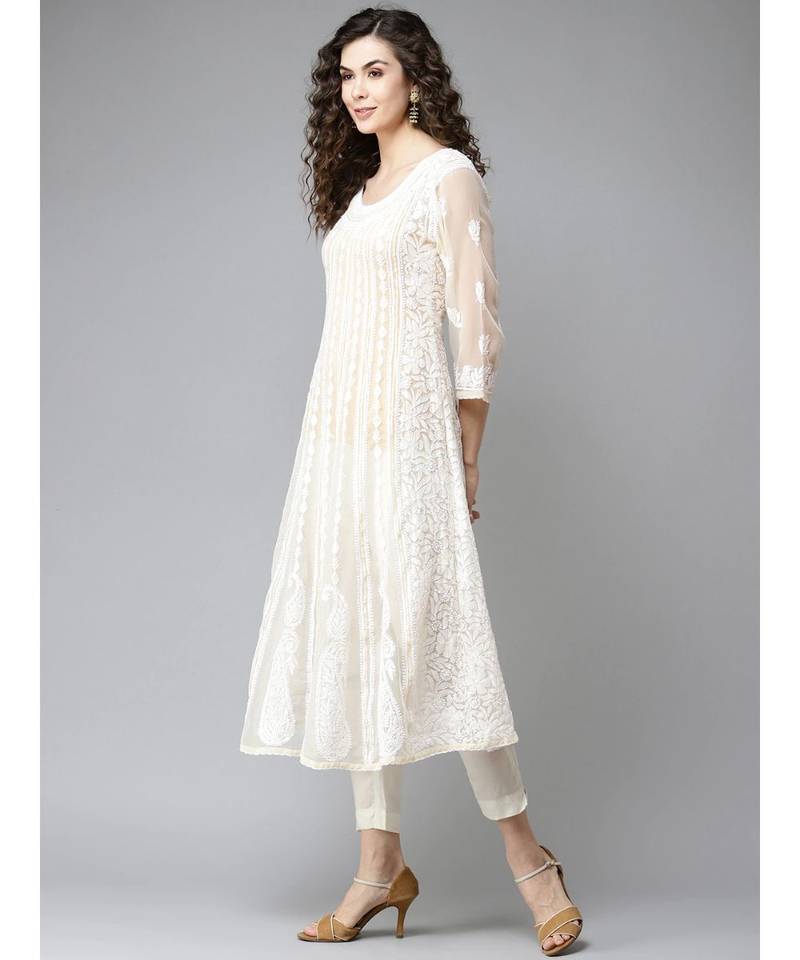 Women'S Hand Embroidered Fawn Georgette Lucknow Chikankari Anarkali Kurta