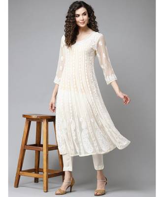 Women'S Hand Embroidered Fawn Georgette Lucknow Chikankari Anarkali Kurta 4
