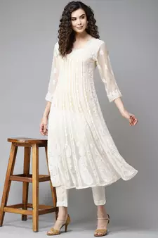 Women'S Hand Embroidered Fawn Georgette Lucknow Chikankari Anarkali Kurta