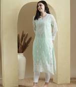 Women'S Hand Embroidered Sea Green Georgette Lucknow Chikankari Kurta With Slip