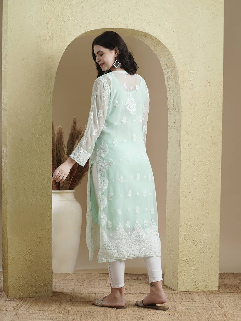 Women'S Hand Embroidered Sea Green Georgette Lucknow Chikankari Kurta With Slip