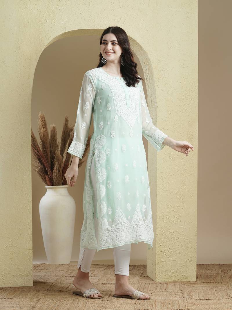 Women'S Hand Embroidered Sea Green Georgette Lucknow Chikankari Kurta With Slip