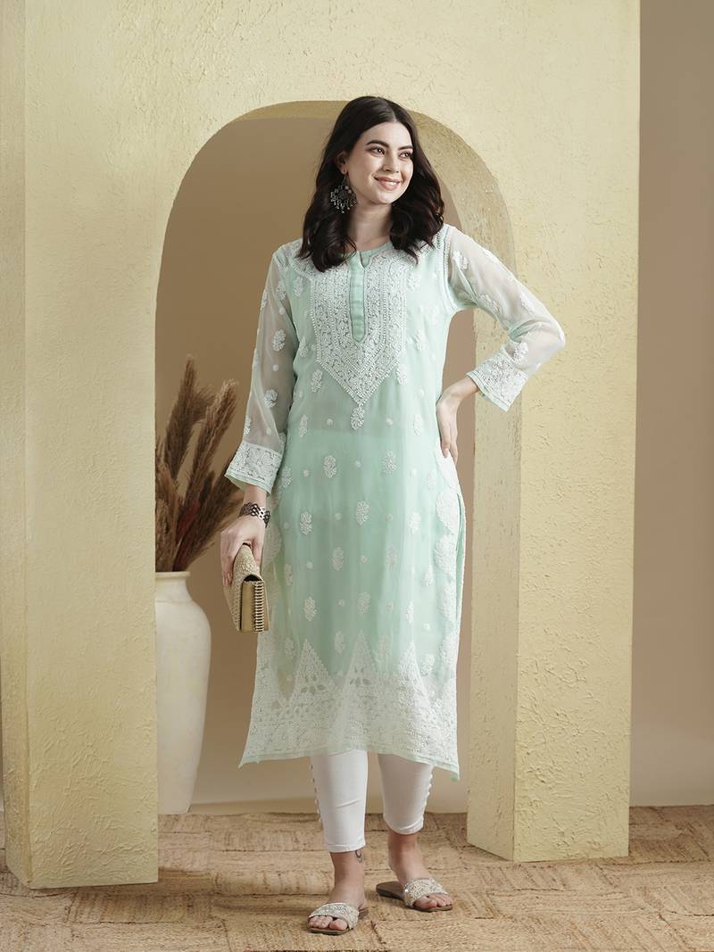 Women'S Hand Embroidered Sea Green Georgette Lucknow Chikankari Kurta With Slip