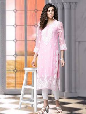 Women'S Hand Embroidered Onion Pink Georgette Lucknow Chikankari Kurta With Slip 1