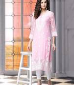 Women'S Hand Embroidered Onion Pink Georgette Lucknow Chikankari Kurta With Slip