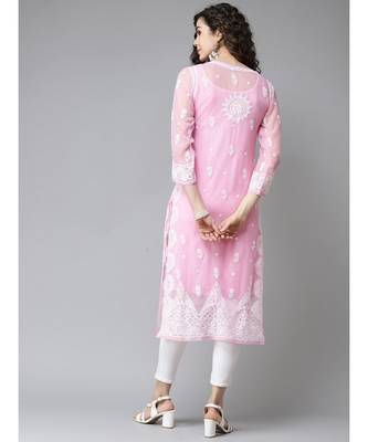 Women'S Hand Embroidered Onion Pink Georgette Lucknow Chikankari Kurta With Slip 2