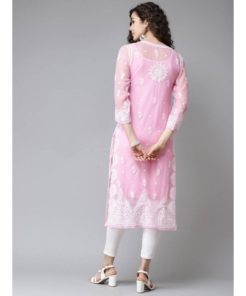 Women'S Hand Embroidered Onion Pink Georgette Lucknow Chikankari Kurta With Slip