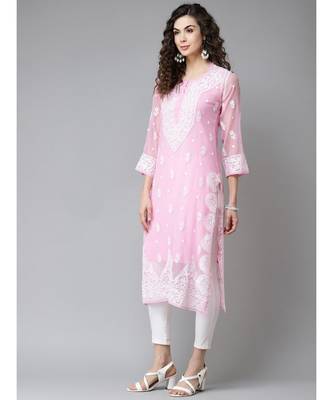 Women'S Hand Embroidered Onion Pink Georgette Lucknow Chikankari Kurta With Slip 3