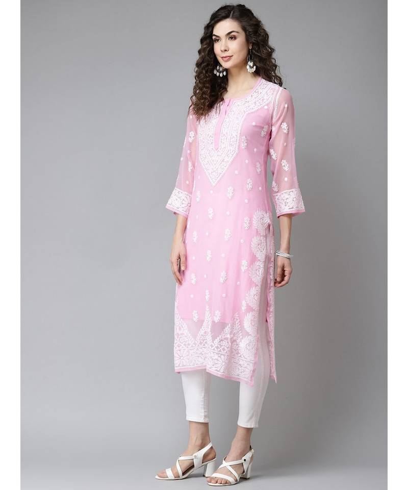 Women'S Hand Embroidered Onion Pink Georgette Lucknow Chikankari Kurta With Slip