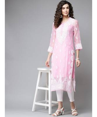 Women'S Hand Embroidered Onion Pink Georgette Lucknow Chikankari Kurta With Slip 4